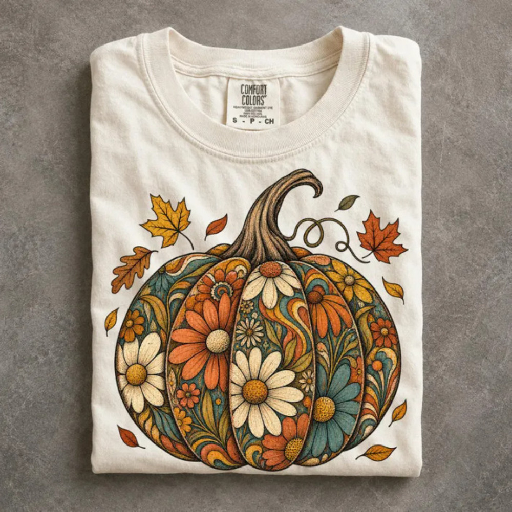 Floral Pumpkin Comfort Colors T-Shirt, Groovy 70s Autumn Graphic Tee